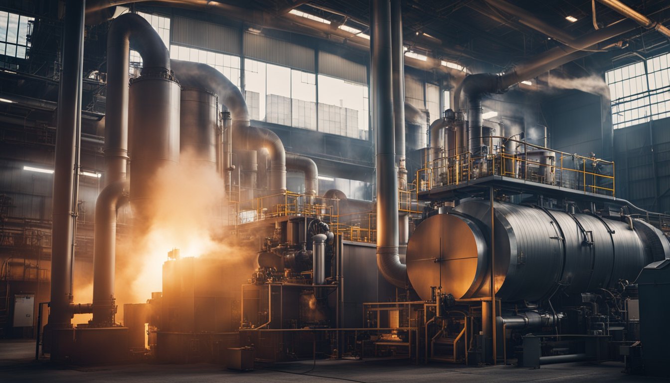 A regenerative furnace heats industrial applications, emitting glowing heat waves and billowing smoke. Machinery and pipes surround the furnace, with a backdrop of a bustling industrial setting