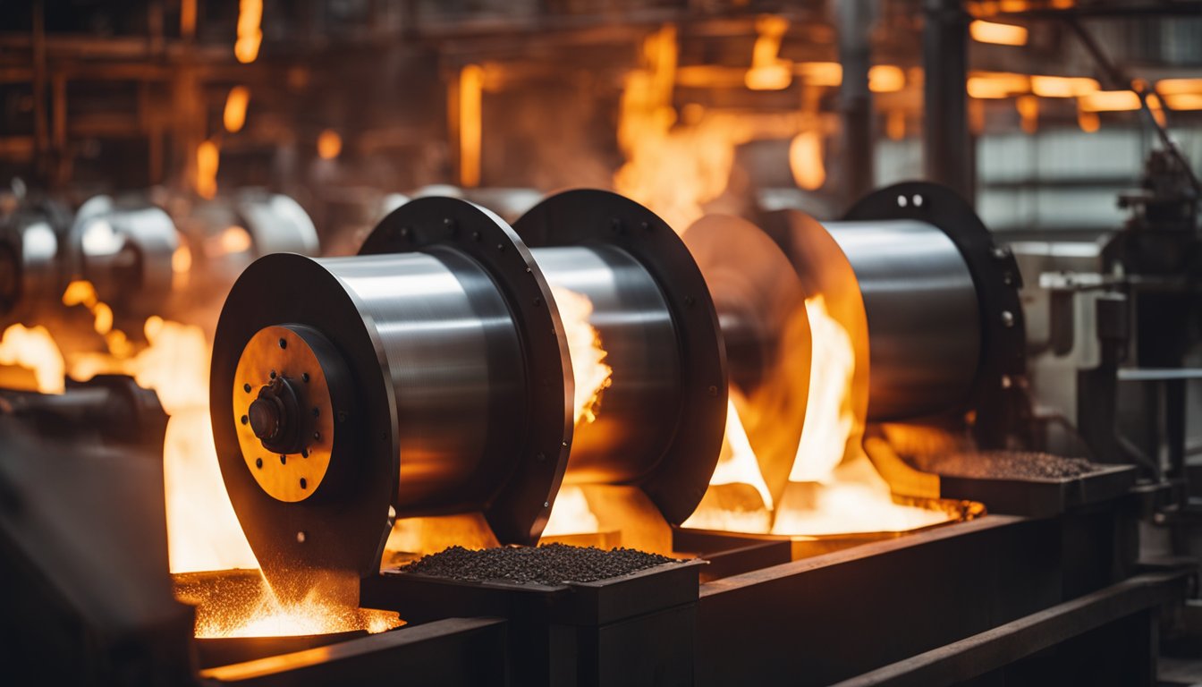 A glowing reheating furnace heats steel for the rolling mill. Flames lick the metal as it passes through the intense heat