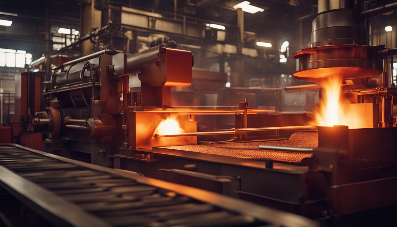 A glowing red reheating furnace with rolling mill in operation. Flames and heat radiating from the furnace