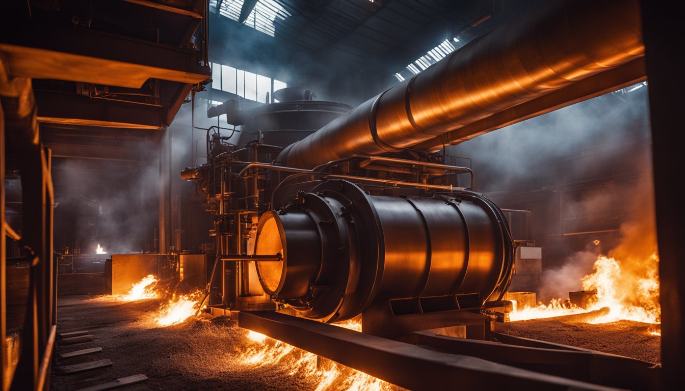 A roaring flame engulfs the interior of the reheating furnace, casting a warm glow on the surrounding machinery and metal components. The intense heat radiates from the furnace, creating a visually striking and dynamic scene for the illustrator to capture