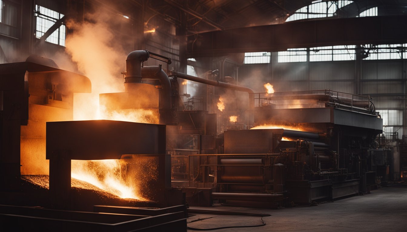 The reheating furnace roars to life, glowing with intense heat as it prepares to reheat the metal for the rolling mill. Flames dance and lick at the metal, creating a dramatic and intense scene