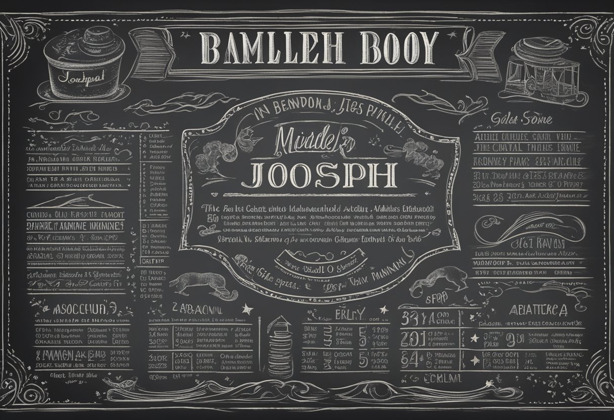 A list of baby boy names with middle name Joseph displayed on a vintage-style chalkboard with colorful chalk lettering