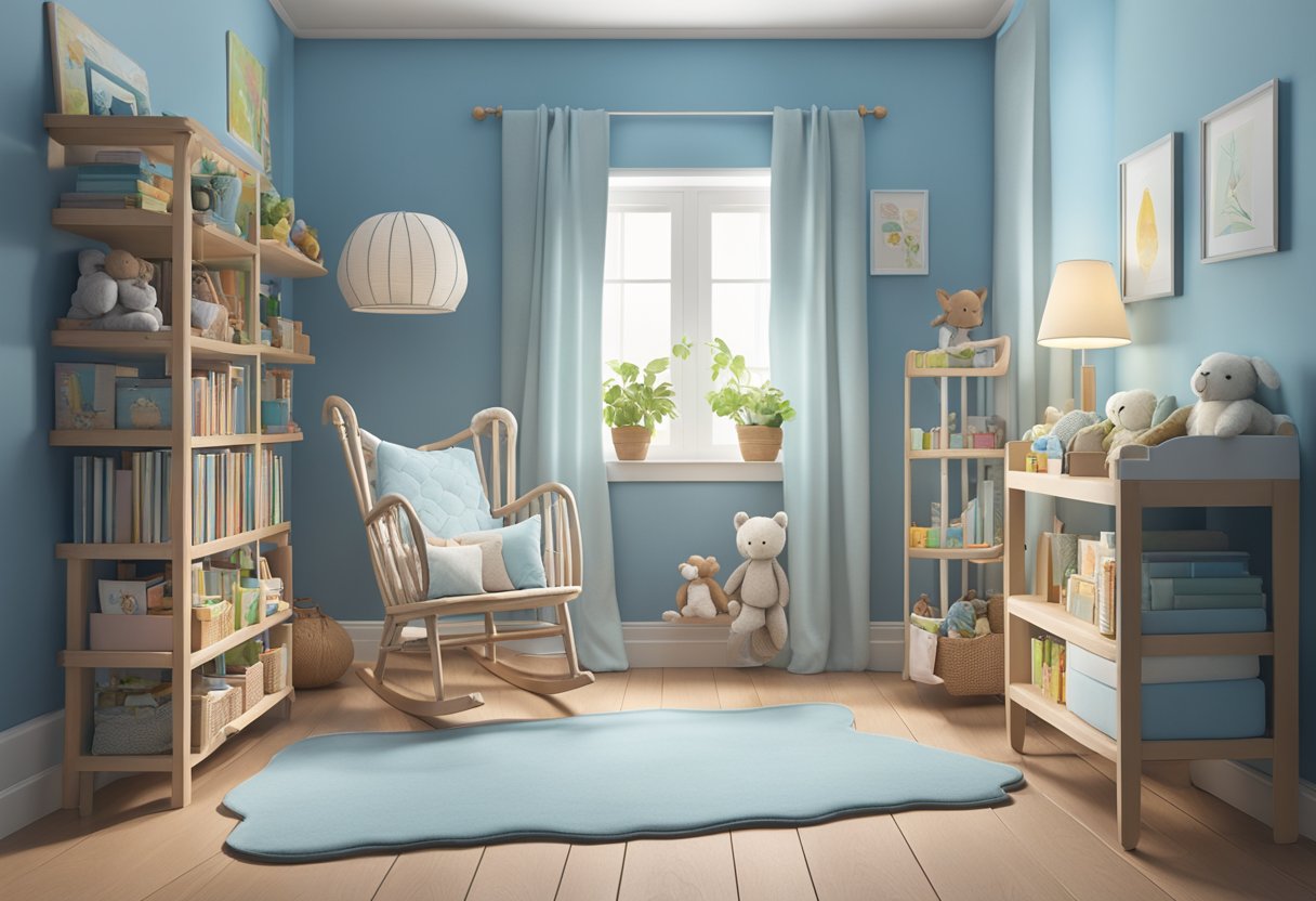 A nursery with soft blue walls, a cozy rocking chair, and a shelf filled with children's books