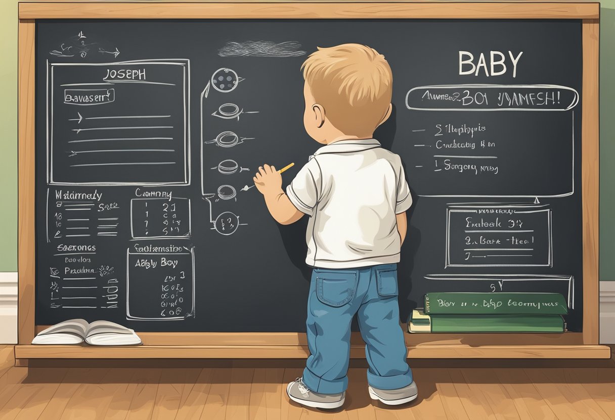 A chalkboard with lists of baby boy names, a notebook with "Joseph" written in the middle, and a brainstorming chart with arrows and circles