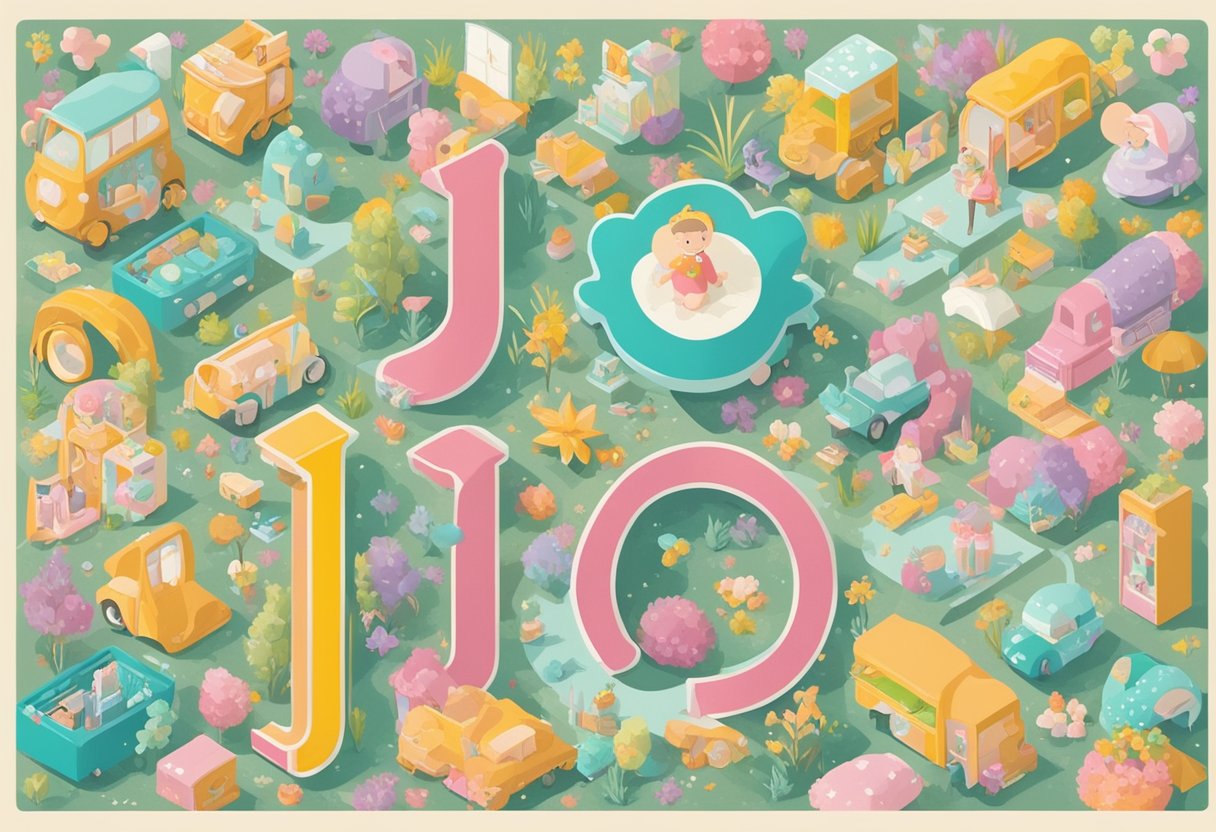 A colorful display of baby girl names with "Jo" written in various fonts and sizes, surrounded by playful and whimsical illustrations