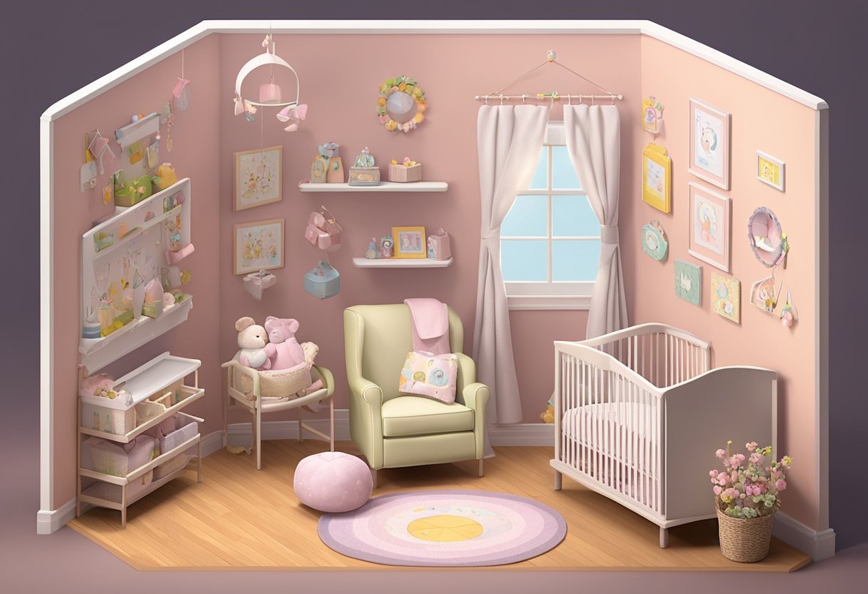 A baby girl's nursery with a sign reading "Name Ideas (Continued)" and a list of names with "jo" in them. Nursery decor and toys scattered around