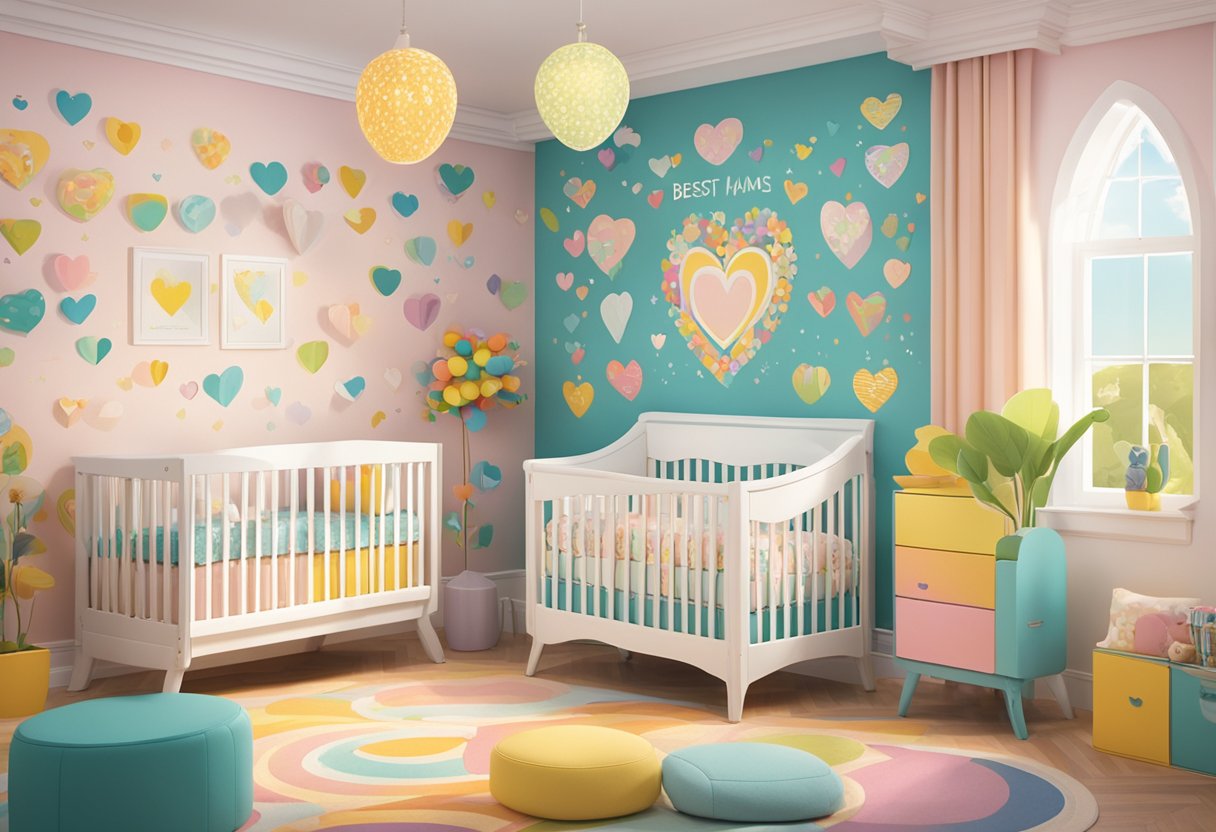 A colorful nursery with a wall adorned with the words "Best Names" in elegant script, surrounded by illustrations of joyful symbols like hearts and smiling faces