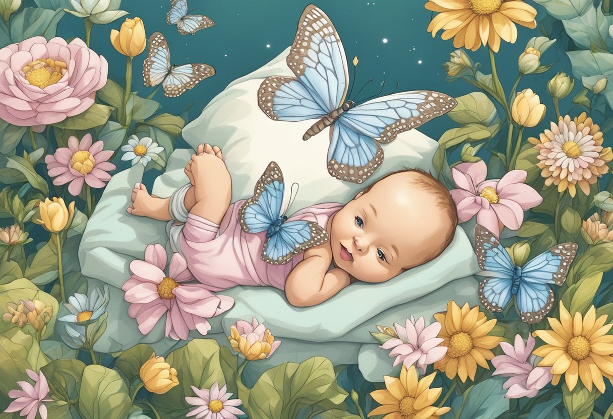 A joyful scene with flowers and butterflies, representing the good names for a baby girl