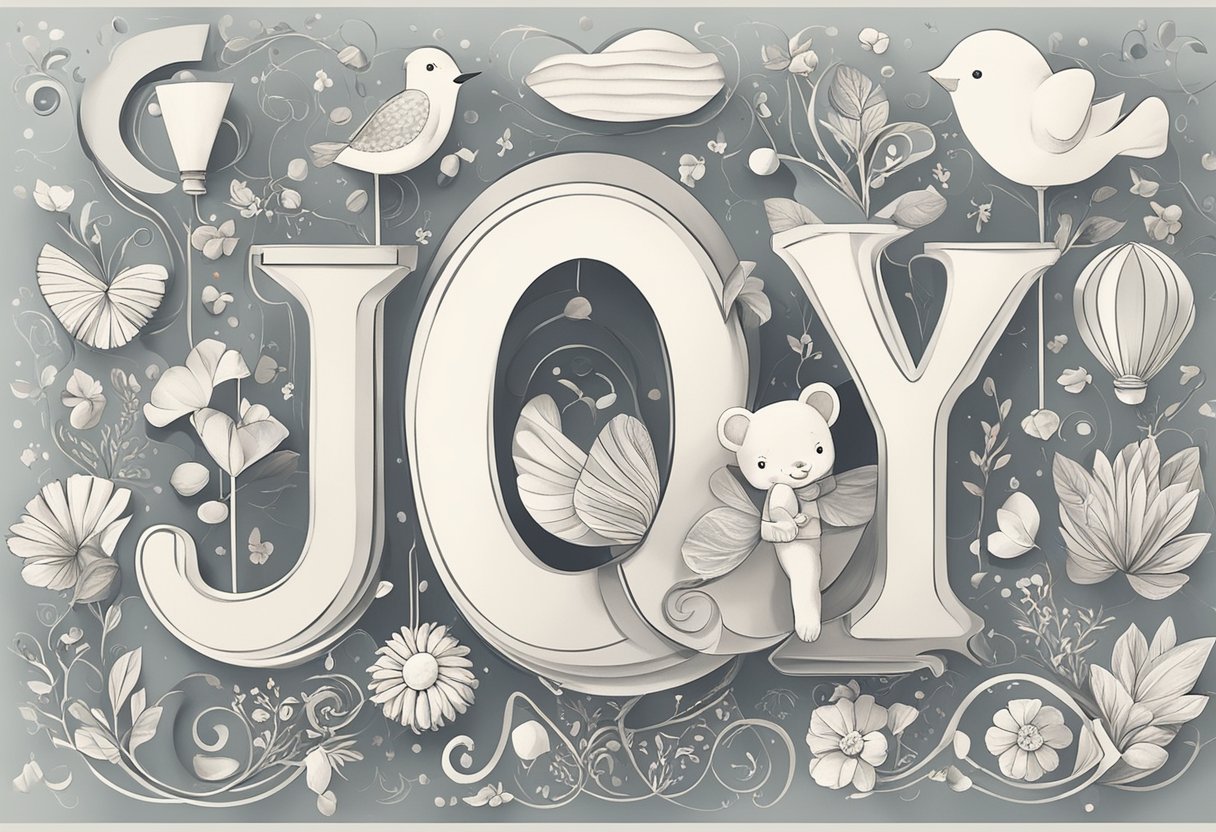 A joyful baby girl name brainstorm: "Joy" in bold letters surrounded by various feminine names in a whimsical font