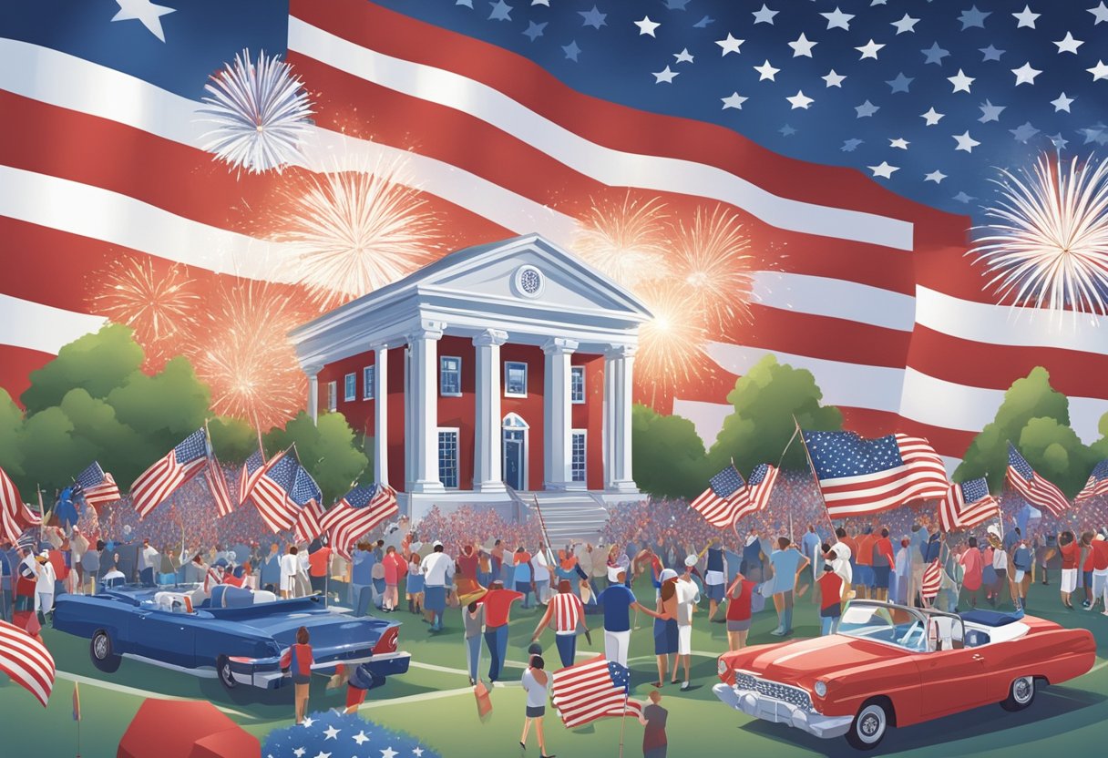 A festive 4th of July scene with fireworks, American flags, and red, white, and blue decorations