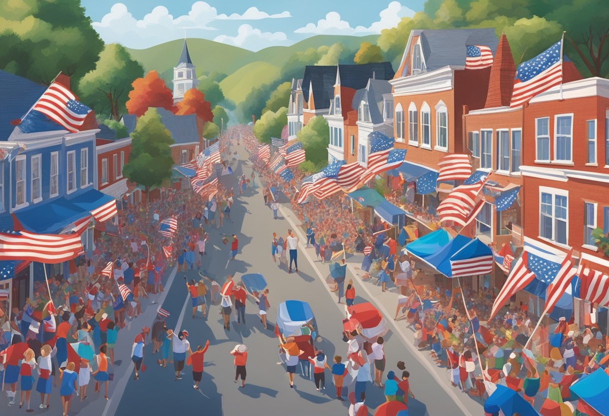 A festive parade of red, white, and blue floats winds through a small town, with families waving flags and children playing with sparklers