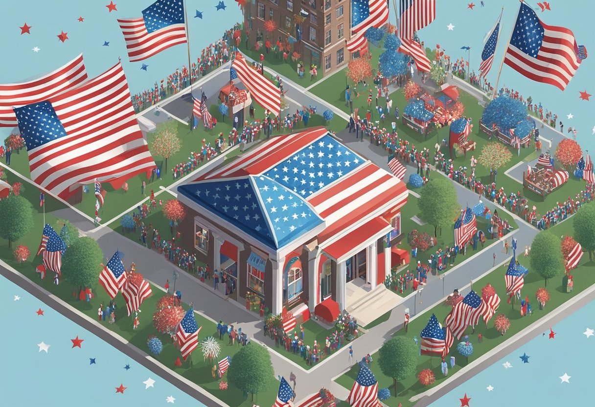 A festive scene with fireworks, American flags, and red, white, and blue decorations