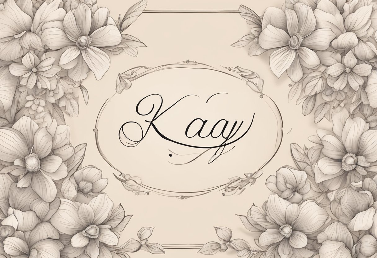 A baby girl's name "Kay" is written in elegant script, surrounded by delicate floral motifs