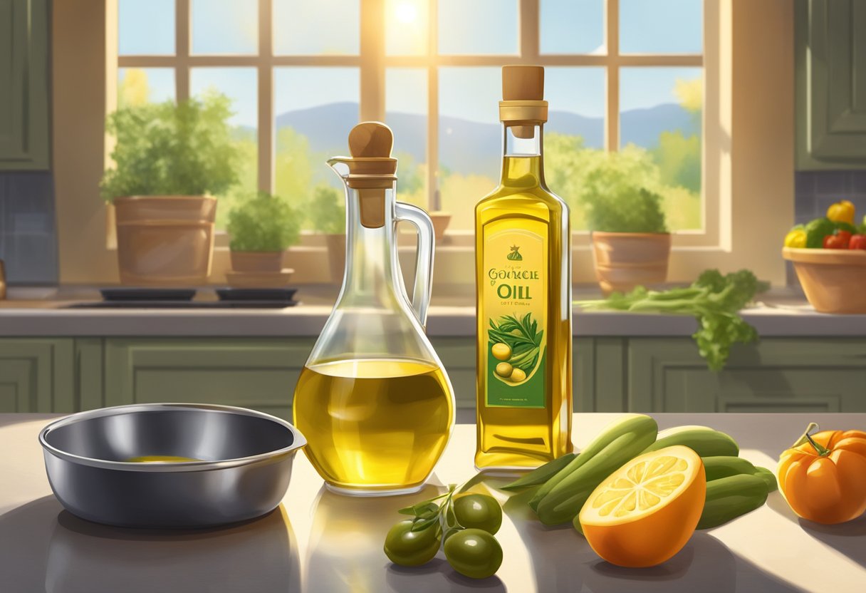 A bottle of olive oil sits on a kitchen counter next to fresh vegetables and a sizzling pan. The sunlight streams through the window, highlighting the golden hue of the oil