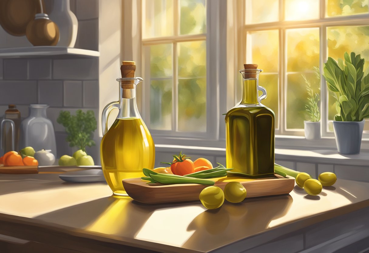 A bottle of olive oil sits on a kitchen counter next to fresh vegetables and a sizzling pan. The sunlight streams through the window, highlighting the golden hue of the oil