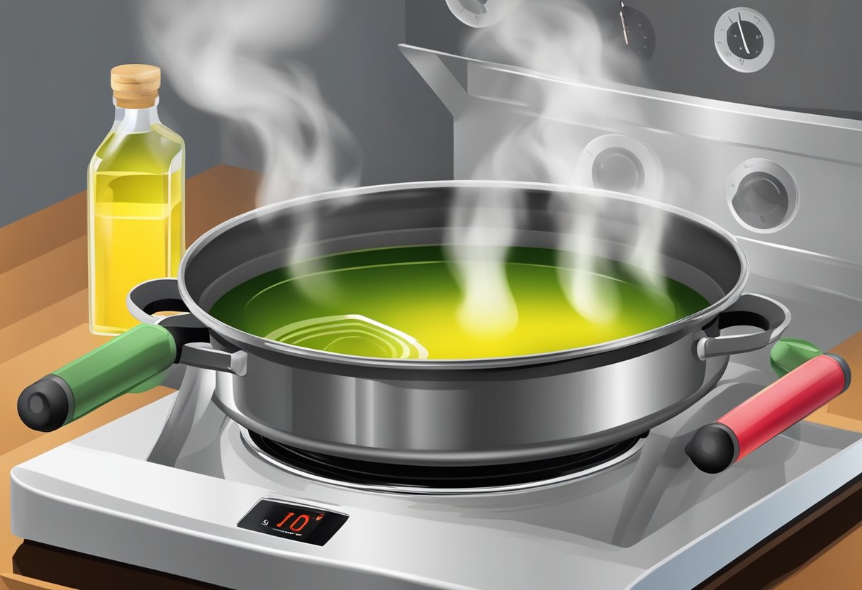 A pot of sizzling olive oil on a stovetop, emitting a faint aroma, with a thermometer measuring the smoke point