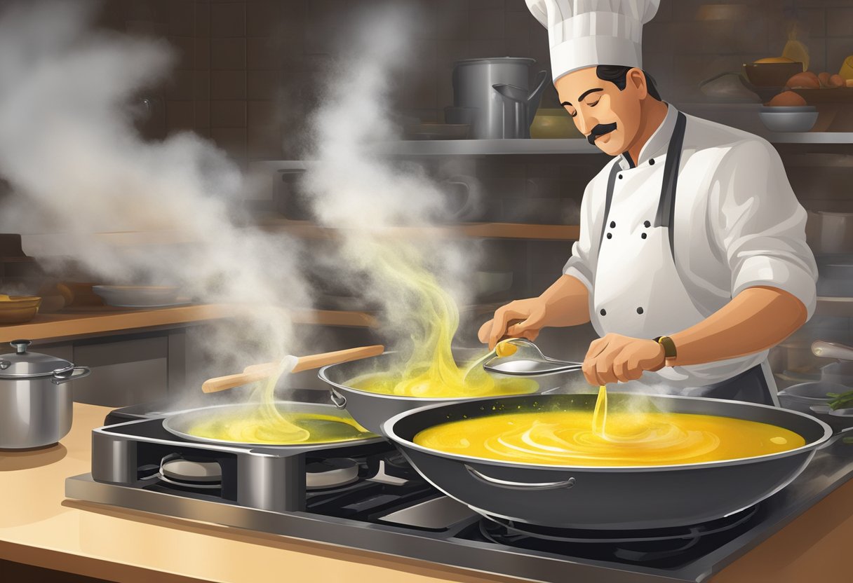 A chef pours olive oil into a sizzling pan, creating a fragrant cloud of steam as it heats up. The oil glistens and swirls, ready to infuse the dish with its rich flavor and health benefits