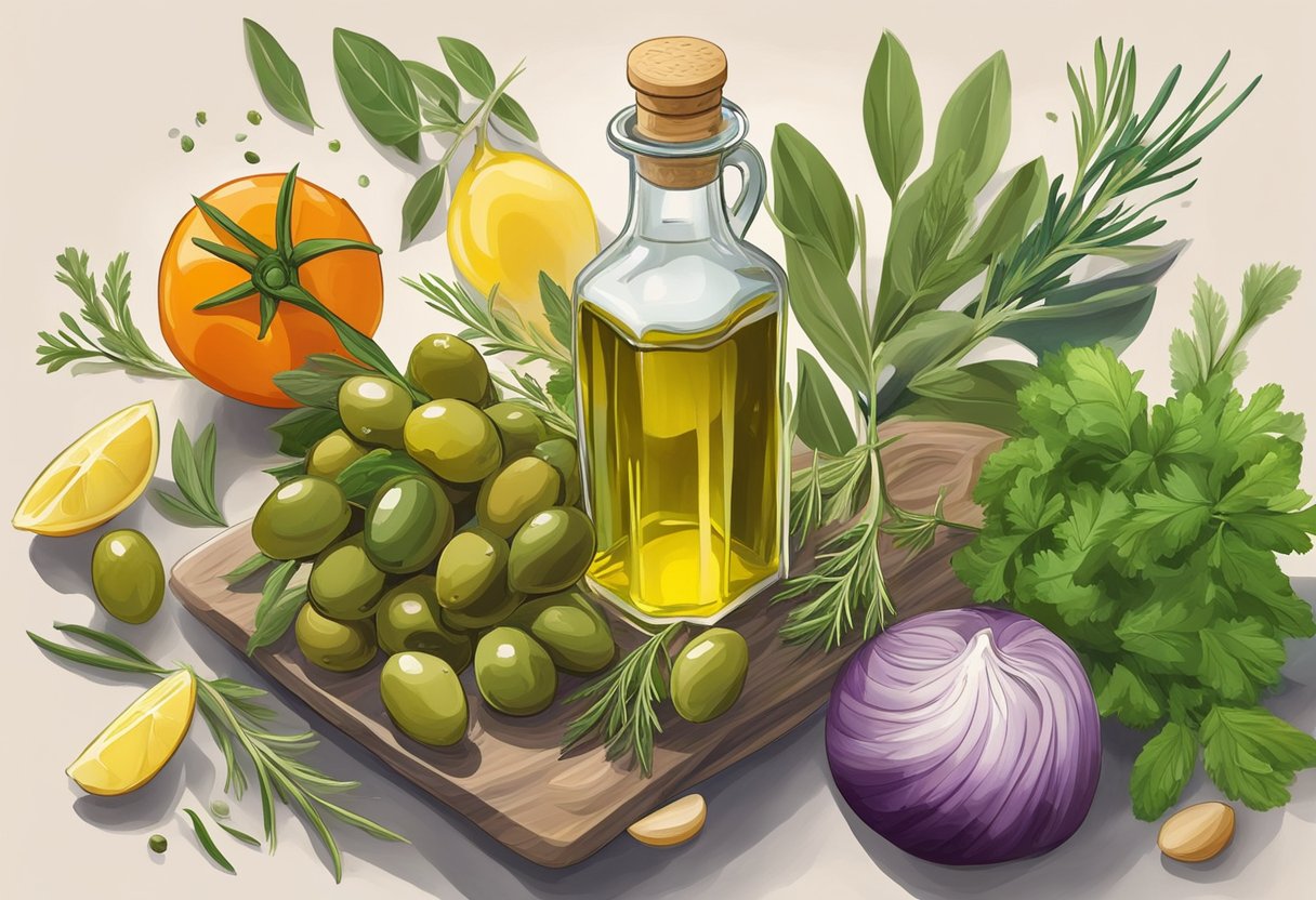 A bottle of olive oil sits on a kitchen counter, surrounded by fresh herbs and colorful vegetables. The aroma of the oil fills the air, evoking thoughts of delicious, healthy cooking