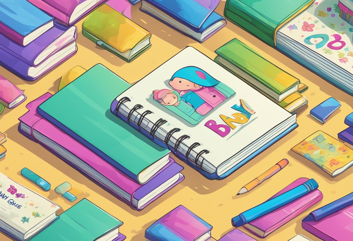 A colorful notebook with "Baby Girl Names" written on the cover, surrounded by a variety of baby name books and a laptop open to a search for middle name "Kay"
