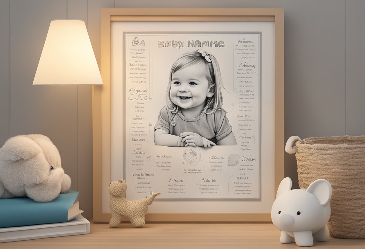 A list of baby girl names sits beside a framed photo of a smiling girl named Kate