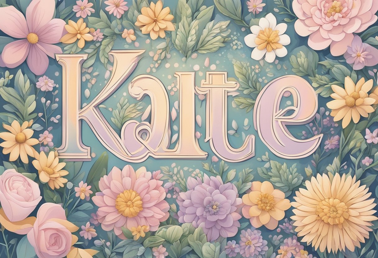 A list of baby girl names, surrounded by delicate flowers and soft pastel colors, with the name "Kate" highlighted in bold