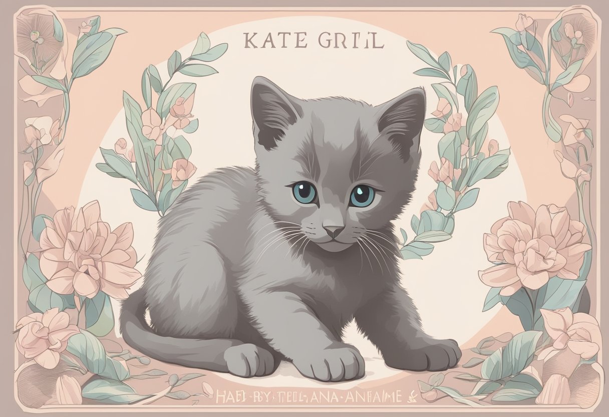 A list of baby girl names beside a playful kitten named Kate