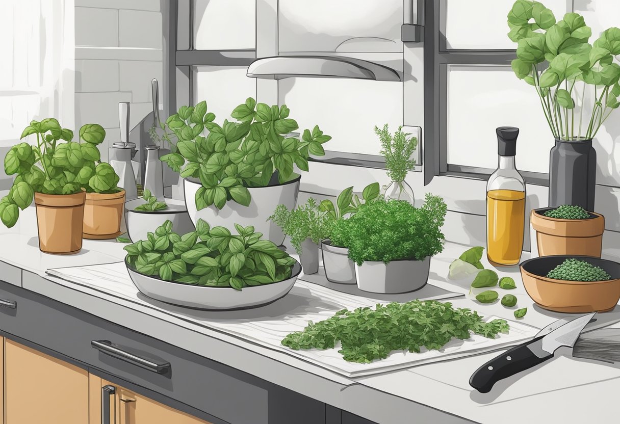 A kitchen counter with a variety of fresh herbs, such as basil, parsley, and thyme, neatly arranged in small pots and containers. A cutting board and knife are nearby, ready for use