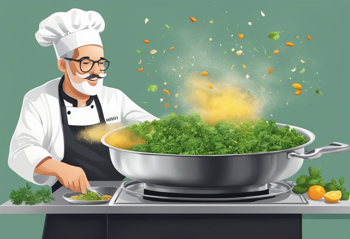 A chef sprinkles fresh herbs onto a sizzling pan of food, releasing aromatic flavors into the air