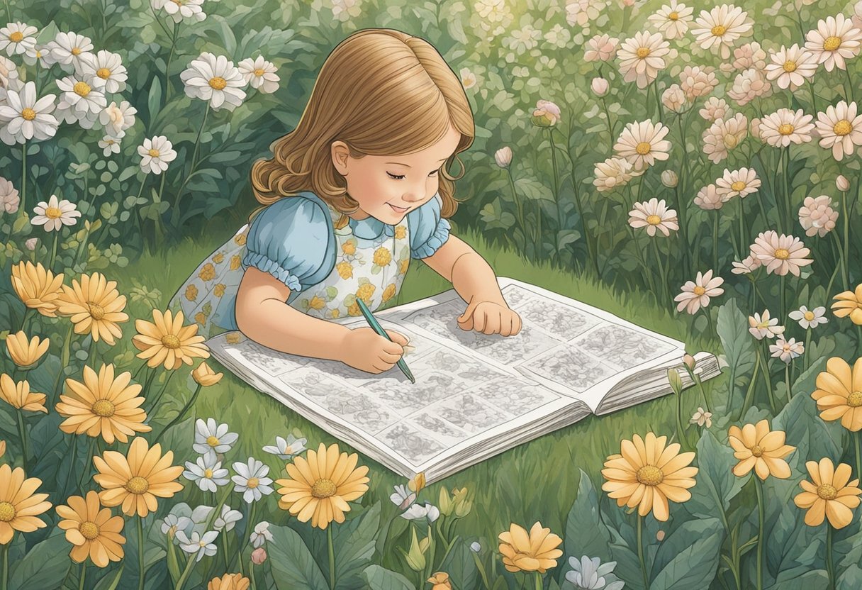 A young girl named Kate sits in a garden surrounded by blooming flowers, smiling as she holds a list of baby girl names in her hand