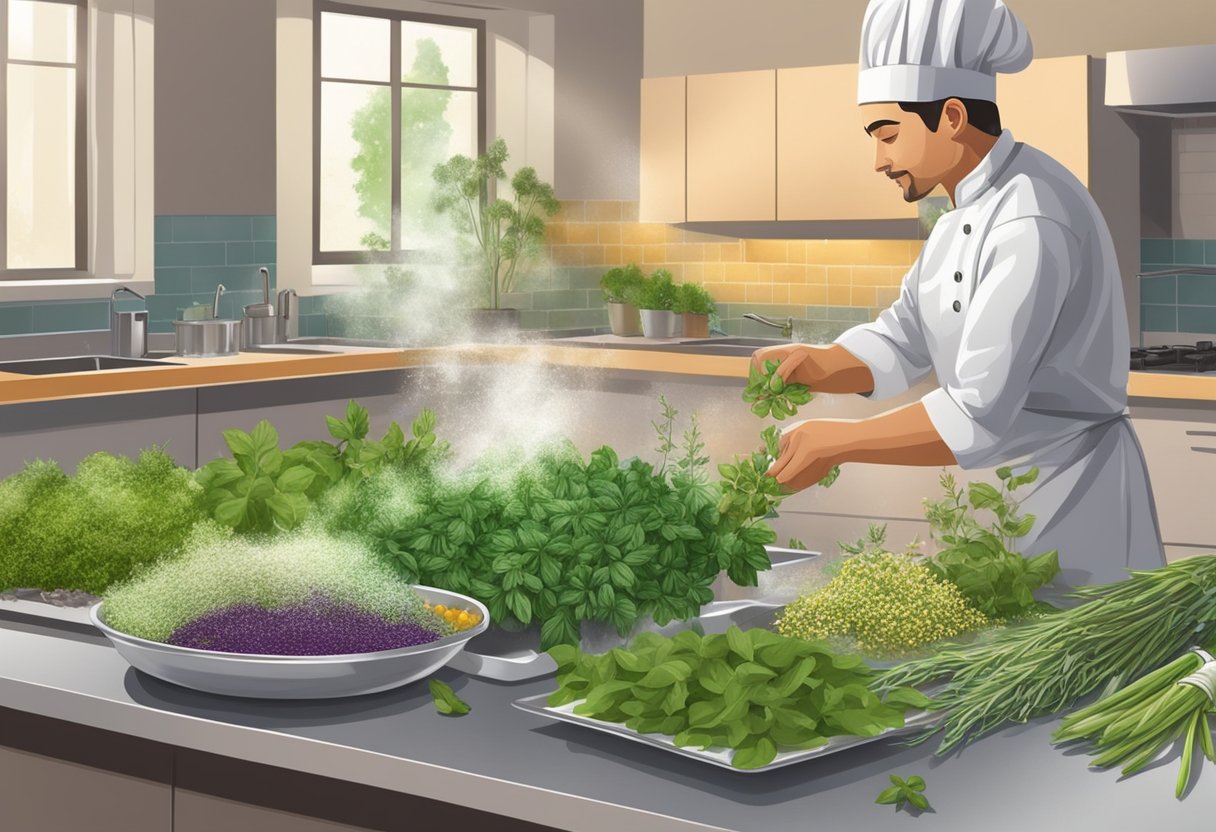 Fresh herbs in a kitchen, vibrant and aromatic. A chef sprinkles them over a dish, enhancing the flavor and adding health benefits