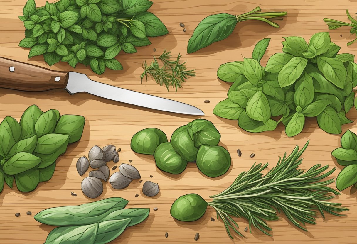 Fresh herbs are being chopped on a wooden cutting board, releasing their vibrant aromas. A chef's knife is skillfully slicing through basil, rosemary, and thyme, adding a burst of flavor to the dish