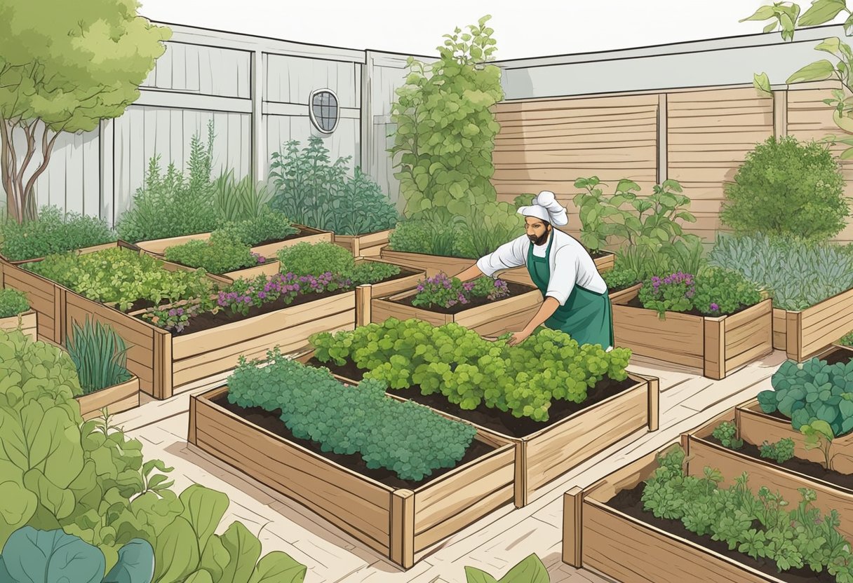 A lush garden with various herbs growing in raised beds, surrounded by compost bins and rain barrels. A chef's hand reaching for a fragrant herb