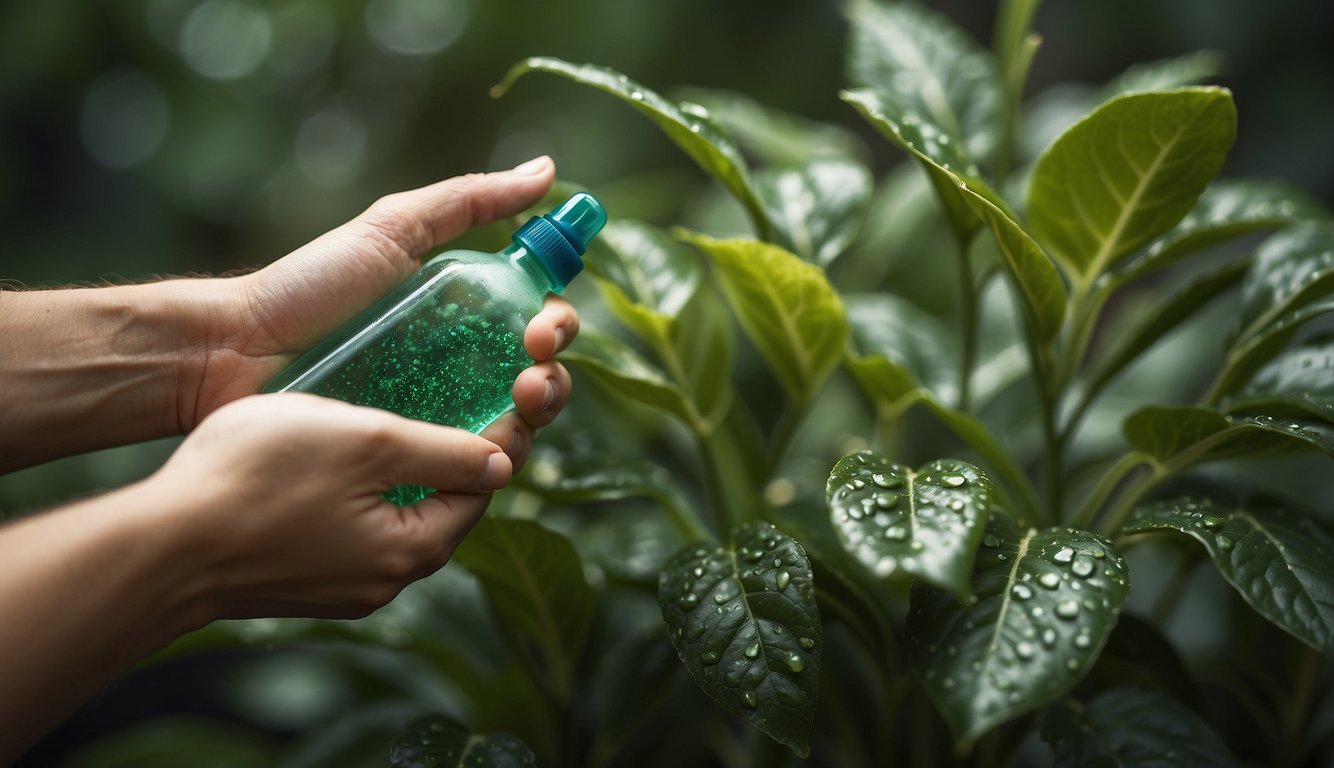 A hand holding a spray bottle, applying insecticidal soap to a plant covered in scale insects