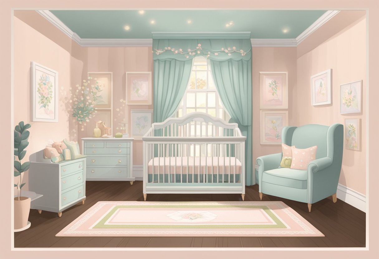 A nursery with soft pastel colors and delicate floral accents, with a name plaque reading "Kate" above a crib