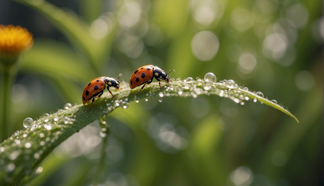A garden with healthy plants surrounded by natural predators like ladybugs and lacewings, while chemical sprays are being applied to control scale infestations