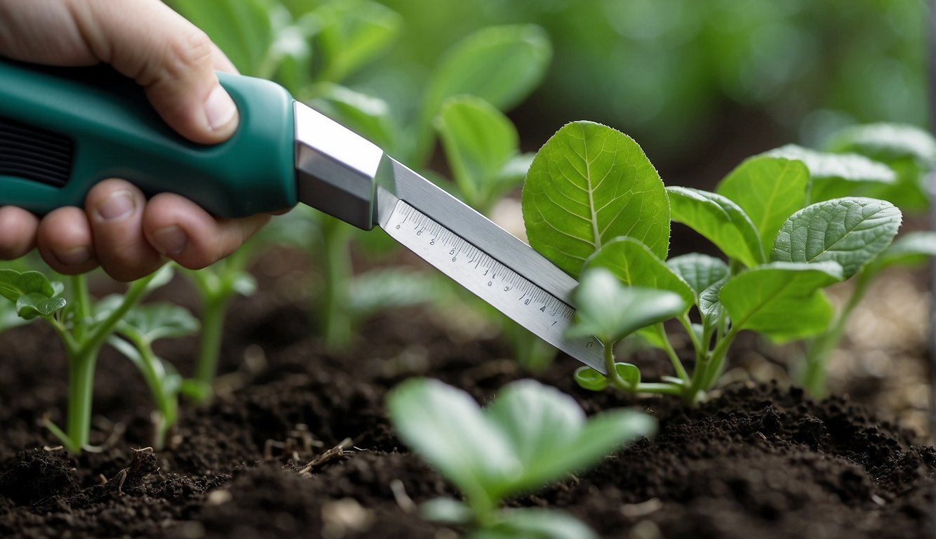 A hand-held garden tool scrapes away white scale from a green plant leaf