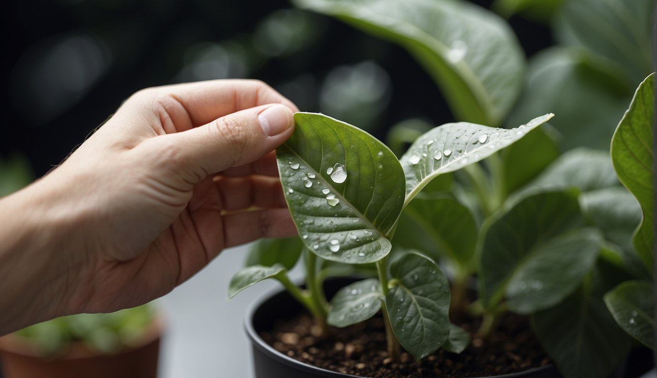 A hand gently brushes away white scale insects from the leaves of a potted plant, using a soft brush or cloth