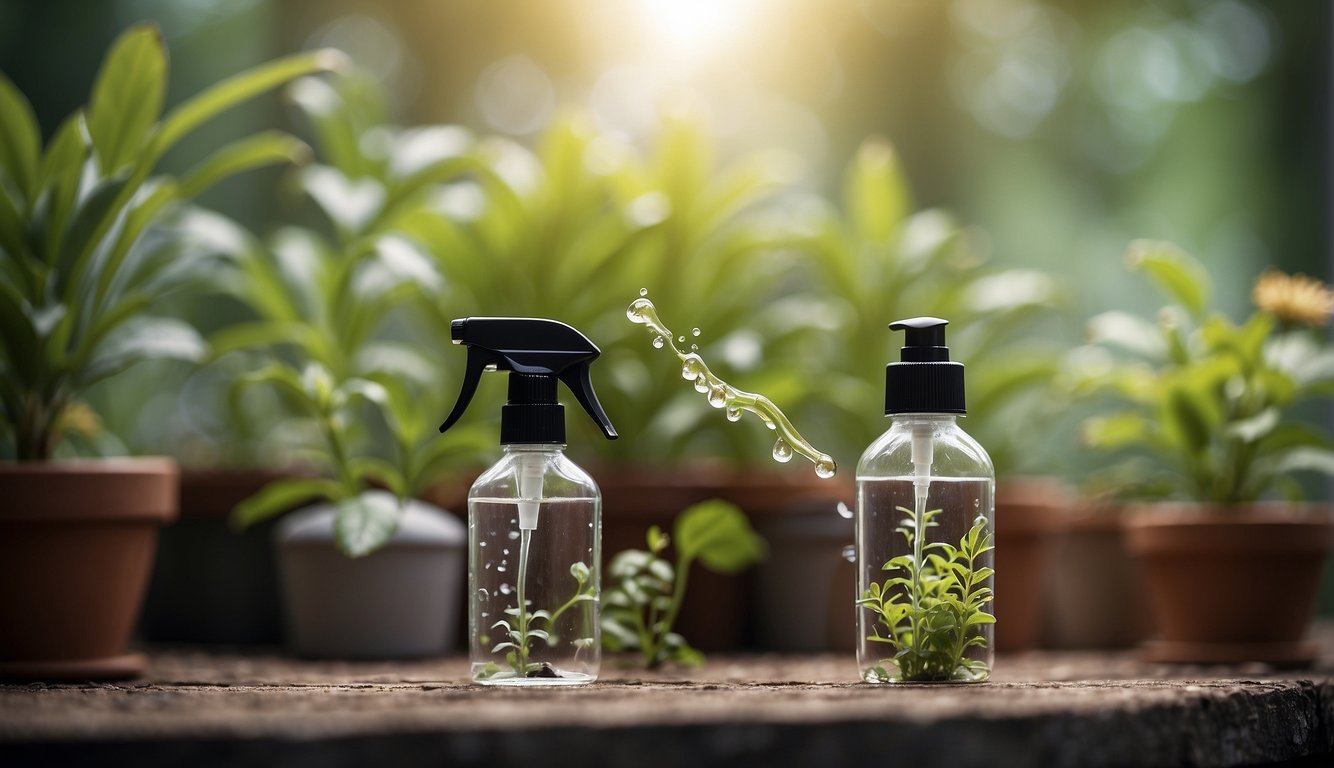 A hand holding a spray bottle, targeting scale-infested plants