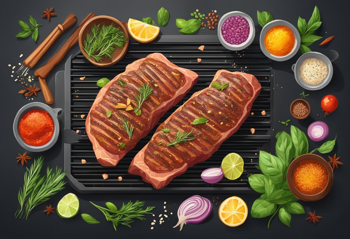 Fresh meat sizzling on a hot grill, surrounded by vibrant herbs and spices being sprinkled over it, creating a burst of flavor