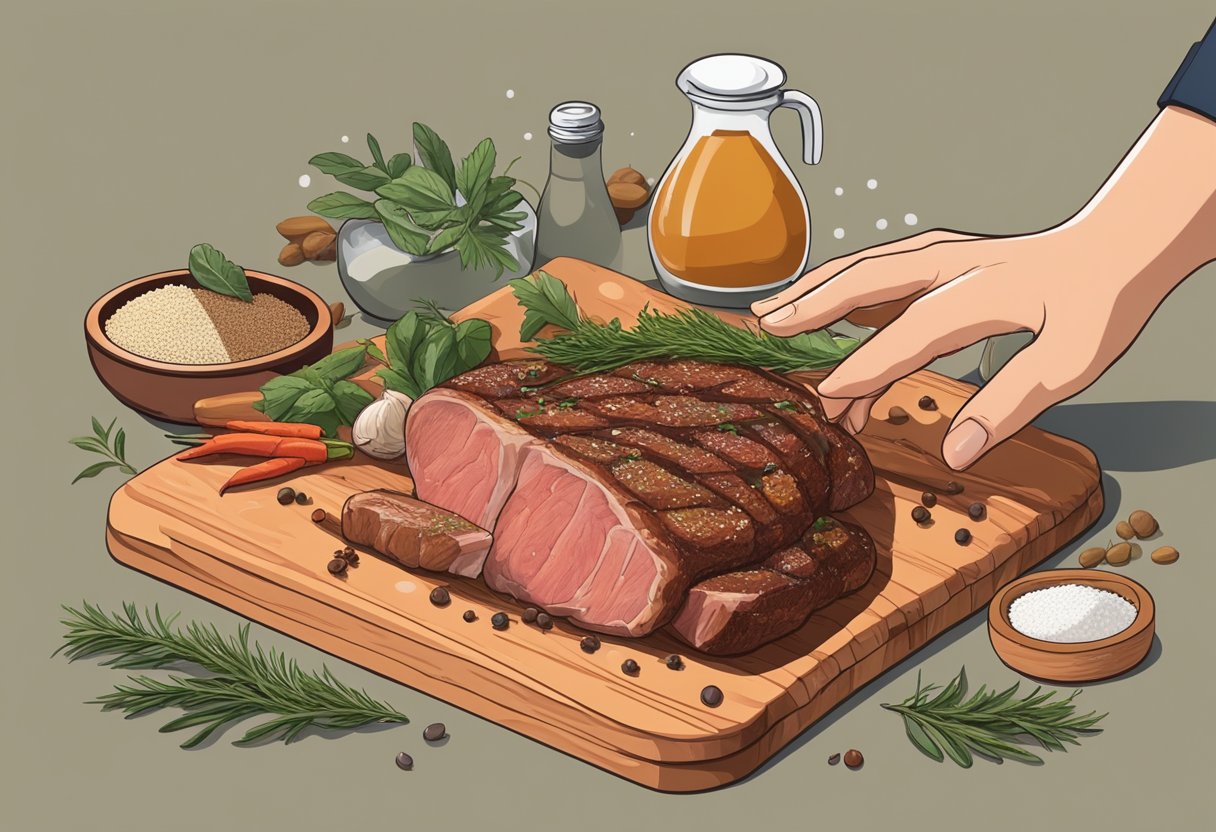 Meat sits on a cutting board, surrounded by various spices and herbs. A hand reaches for a shaker, poised to season the meat