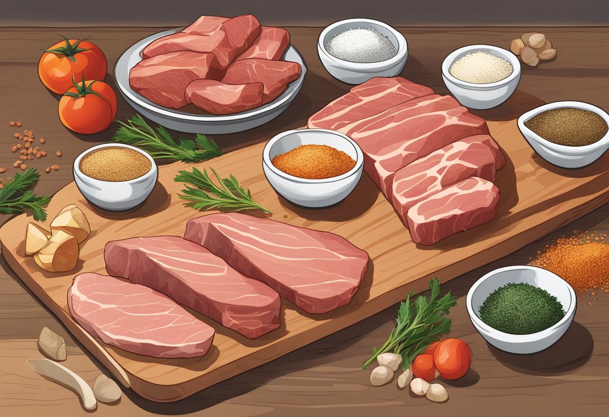 Various cuts of meat arranged on a cutting board with bowls of seasonings nearby. A clock in the background shows different times for seasoning