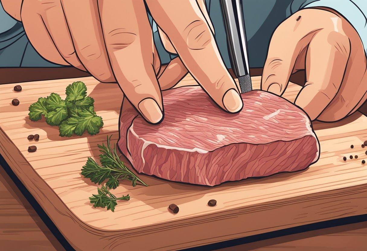 A hand sprinkles seasoning onto a raw piece of meat, ensuring even coverage. The meat sits on a cutting board, ready to be seasoned for maximum flavor