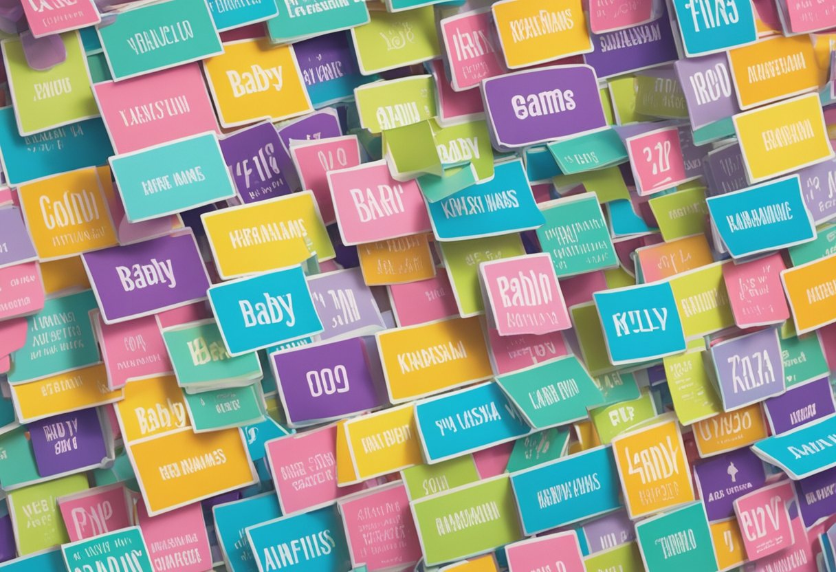 A colorful array of baby name cards arranged in a grid, with "Good Names 76-100 Kardashian Baby Names" written in bold lettering at the top