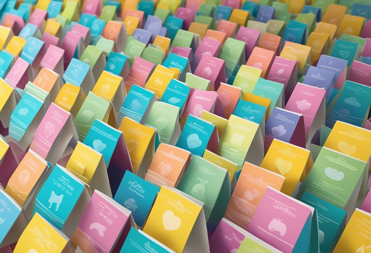 A colorful array of baby name cards arranged in a playful and eye-catching manner