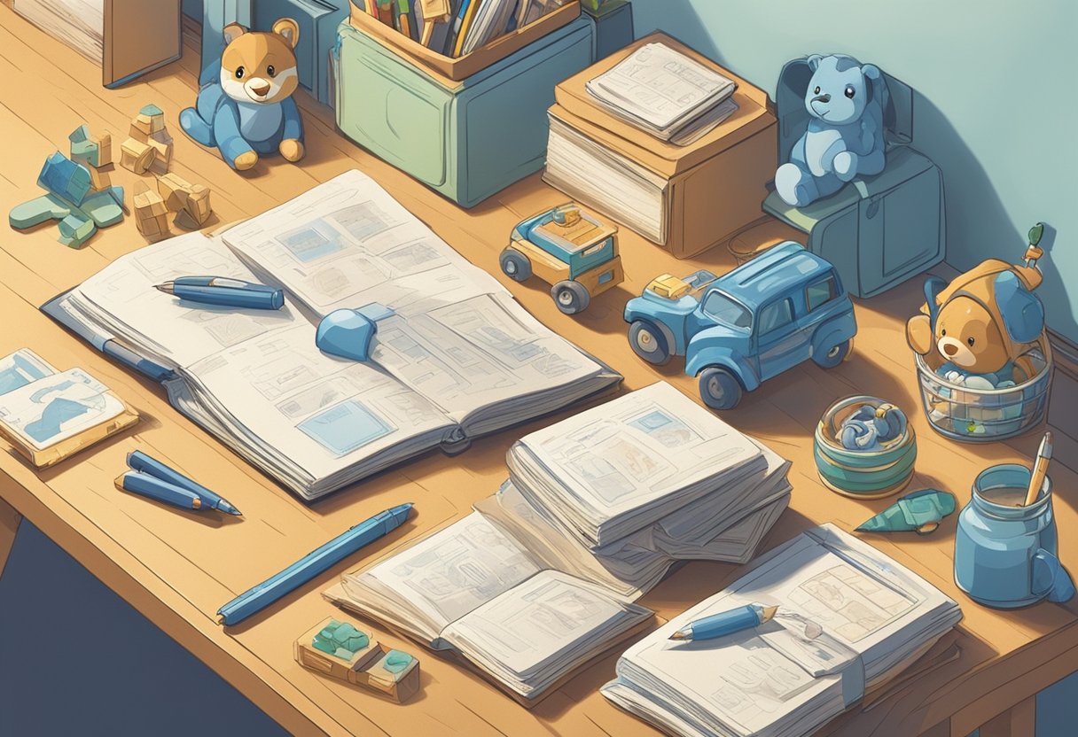 A table with a stack of letters, a pen, and a baby boy's toys scattered around