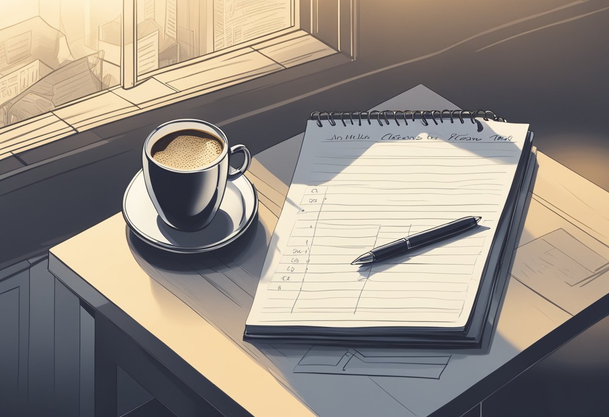 A table with a notepad, pen, and a list of names. A brainstorming session with a cup of coffee in the background