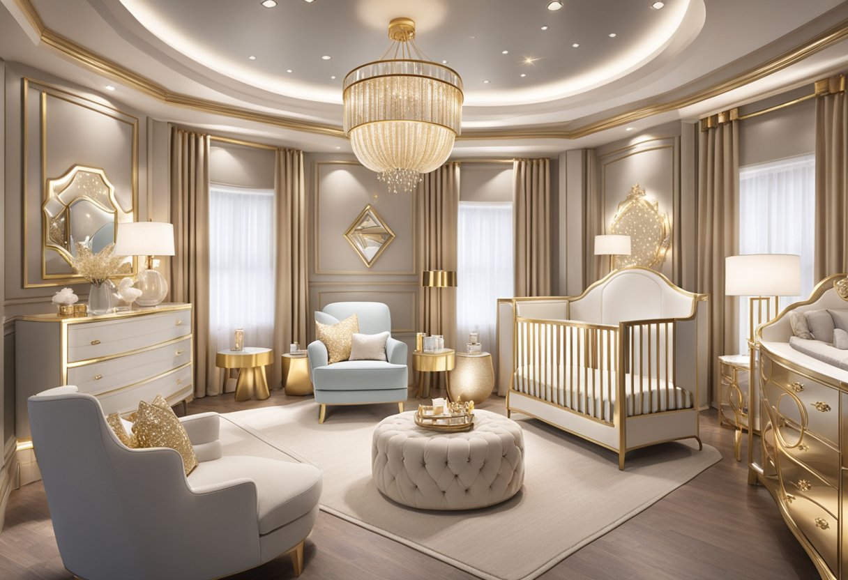 A luxurious nursery with a glamorous Hollywood theme, adorned with gold and glittering accents, featuring a display of baby names inspired by the Kardashians