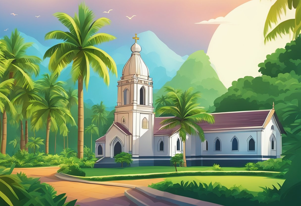 A serene Kerala landscape with a church in the background, surrounded by lush greenery and coconut trees