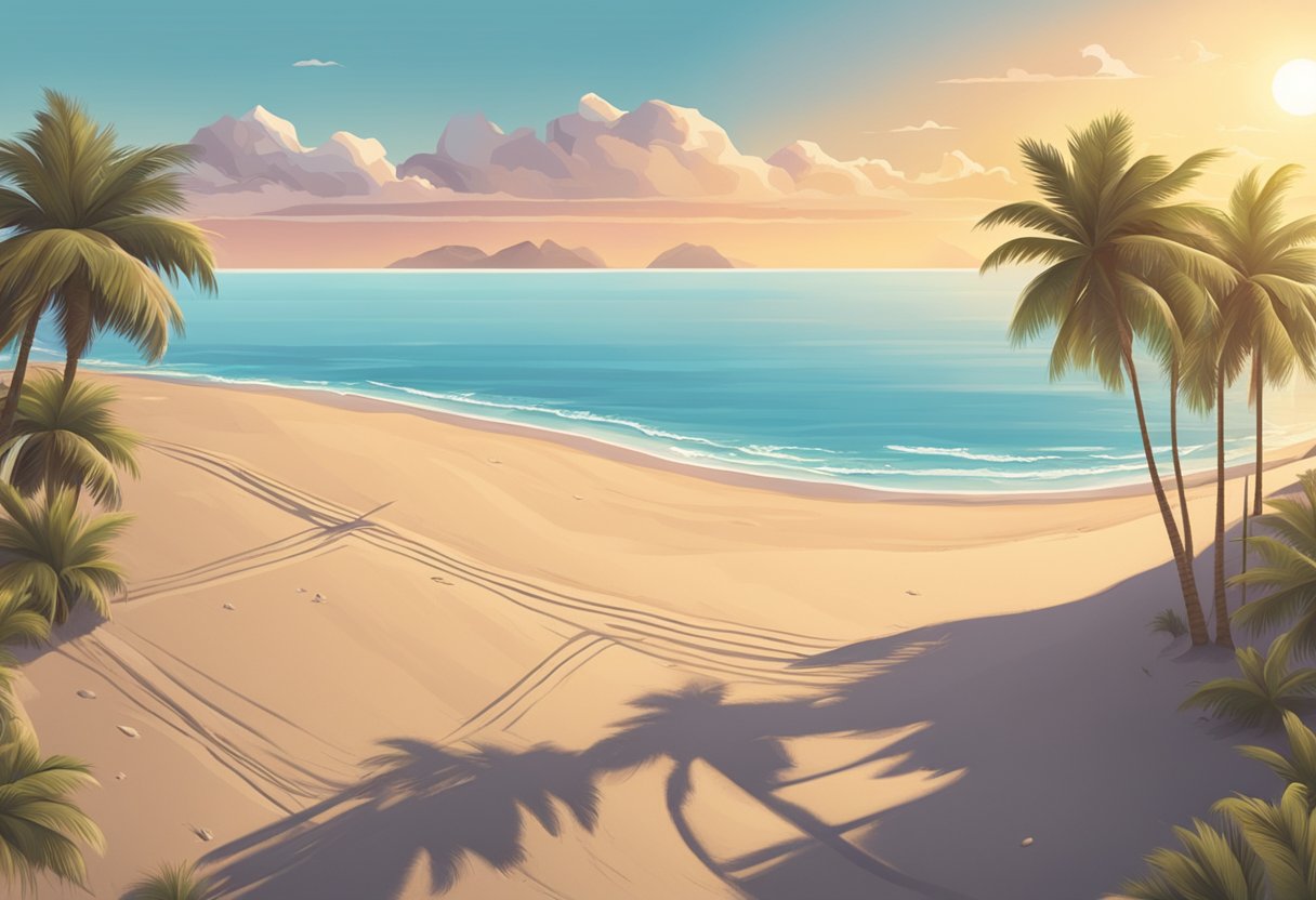 A serene beach at sunset with palm trees and a calm ocean, with the name ideas written in the sand