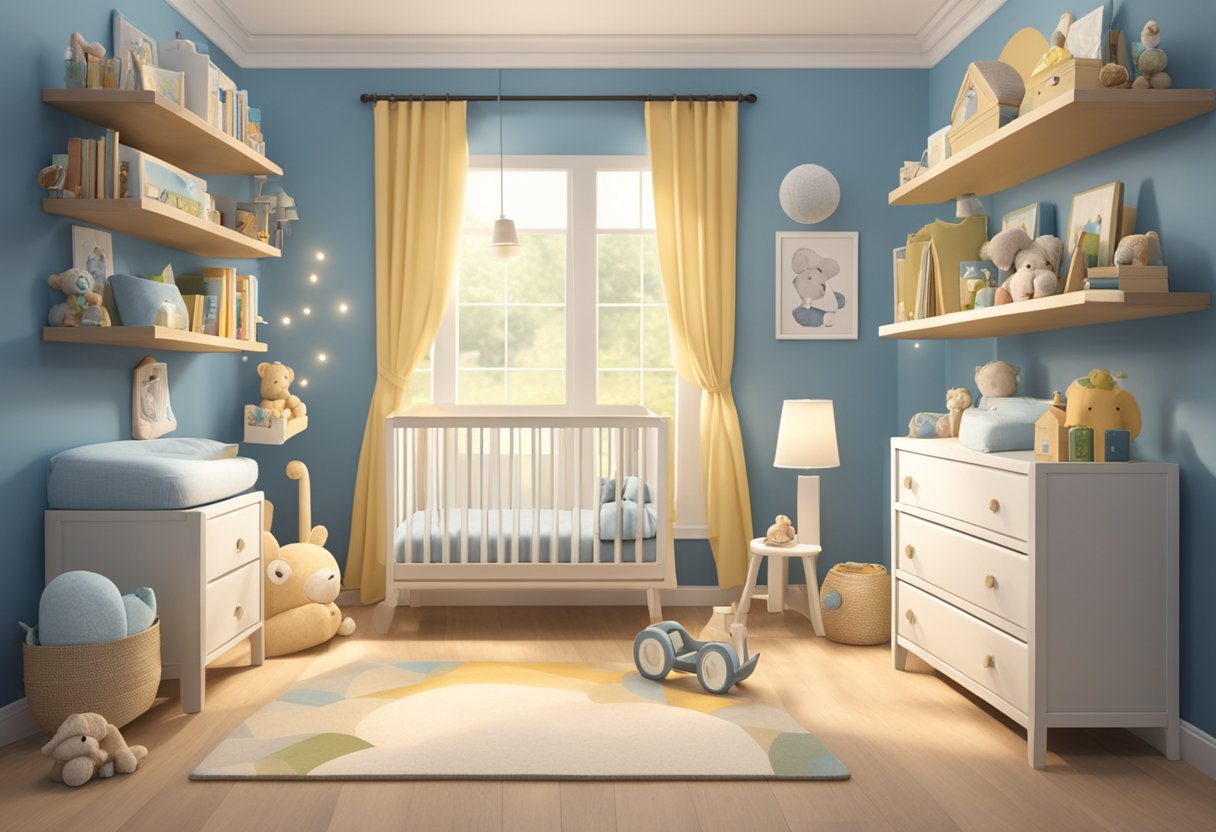 A nursery filled with baby items, a bookshelf with "Ken" themed books, and a wall adorned with "Ken" artwork